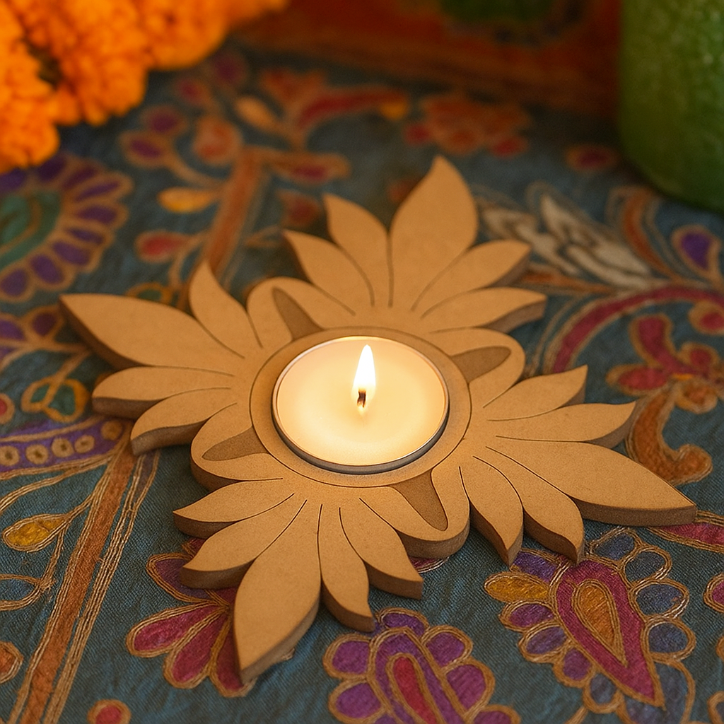 Floral MDF tealight holder in flower design show on table 