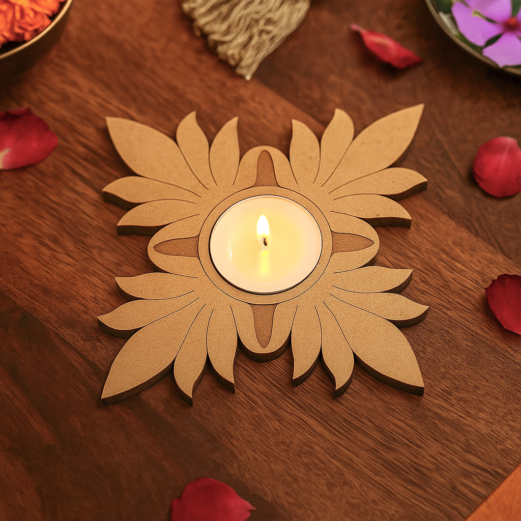 Floral MDF tealight holder in flower design show on table 