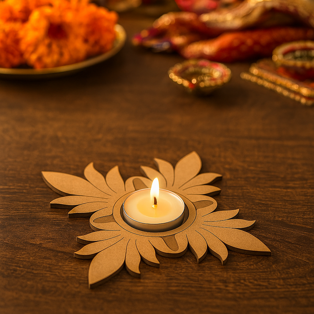 Floral MDF tealight holder in flower design show on table 