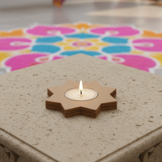 DIY MDF Star-shaped candle holder with a lit candle on a stone surface with a colorful floral design in the background.