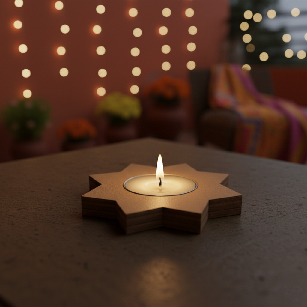 DIY MDF Star-shaped candle holder with a lit candle on a blurred background with string lights