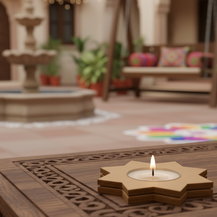 DIY MDF Star-shaped candle holder with a lit candle on a decorative table in an outdoor setting.