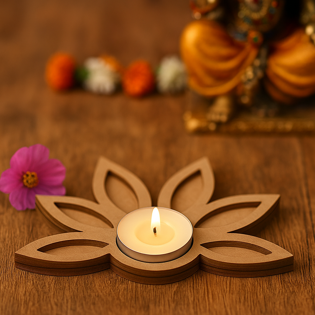 DIY MDF  lotus-shaped candle holder with a lit candle on a wooden surface.