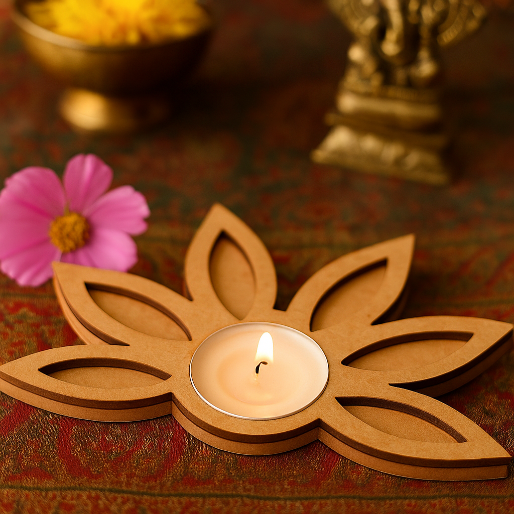 DIY  MDF lotus-shaped candle holder with a lit candle on a decorative surface.