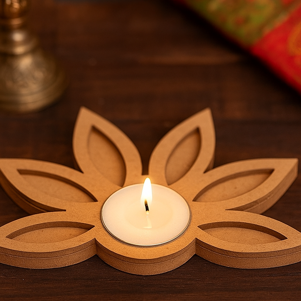 DIY MDF lotus-shaped candle holder with a lit tealight candle on a dark surface.
