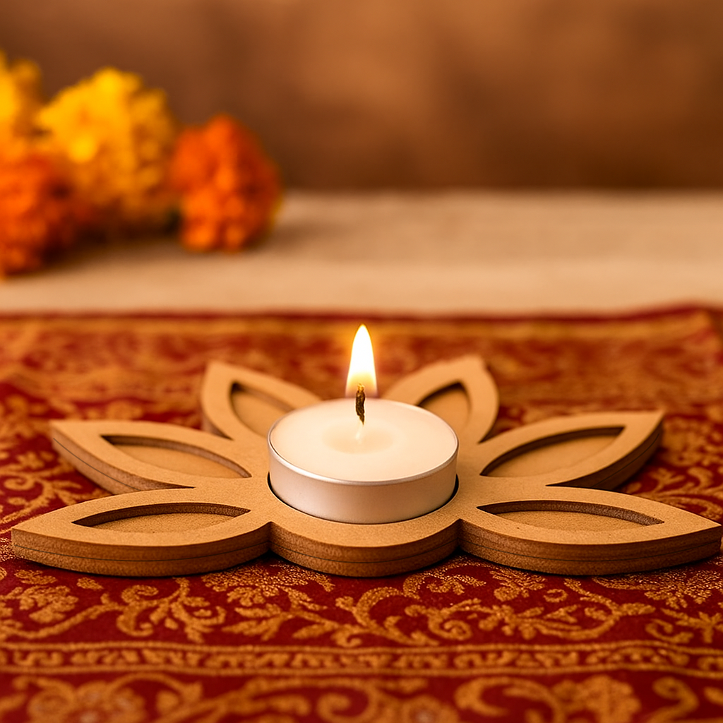 DIY MDF Tea light candle in a MDF holder on a decorative fabric with flowers in the background