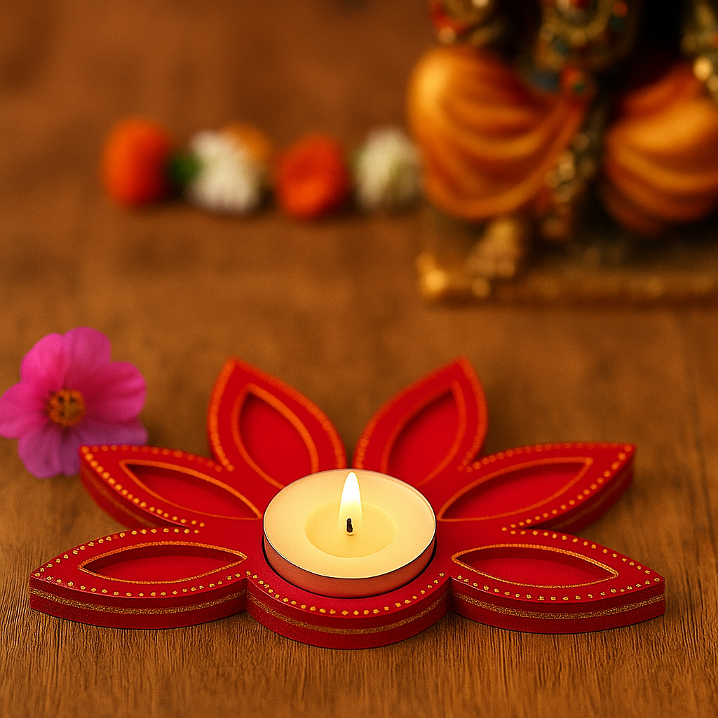 Handpainted Red flower-shaped candle holder with a lit candle on a wooden surface, with blurred colorful objects in the background.
