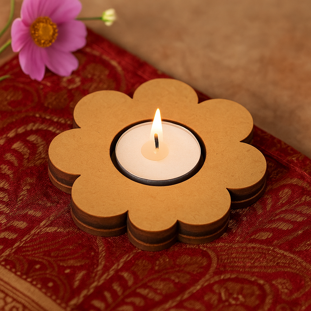 Flower-shaped candle holder with a lit candle on a patterned fabric background