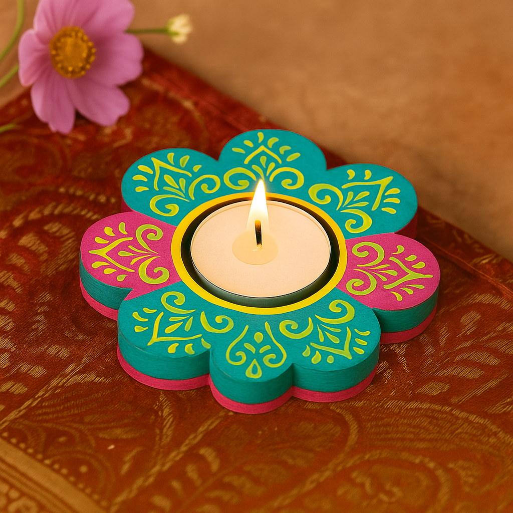 Decorative teal and pink candle holder with a lit candle on a patterned surface.