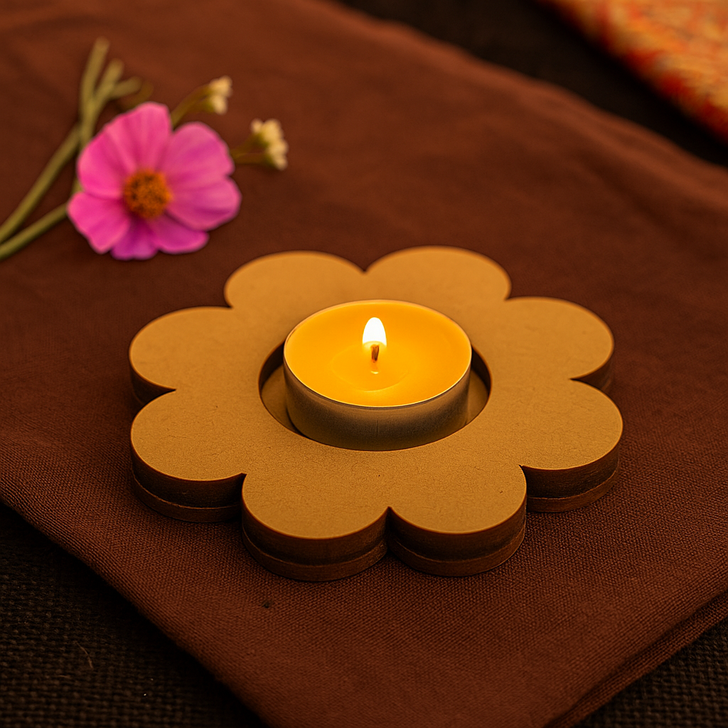 Flower-shaped candle holder with a lit candle on a brown fabric background
