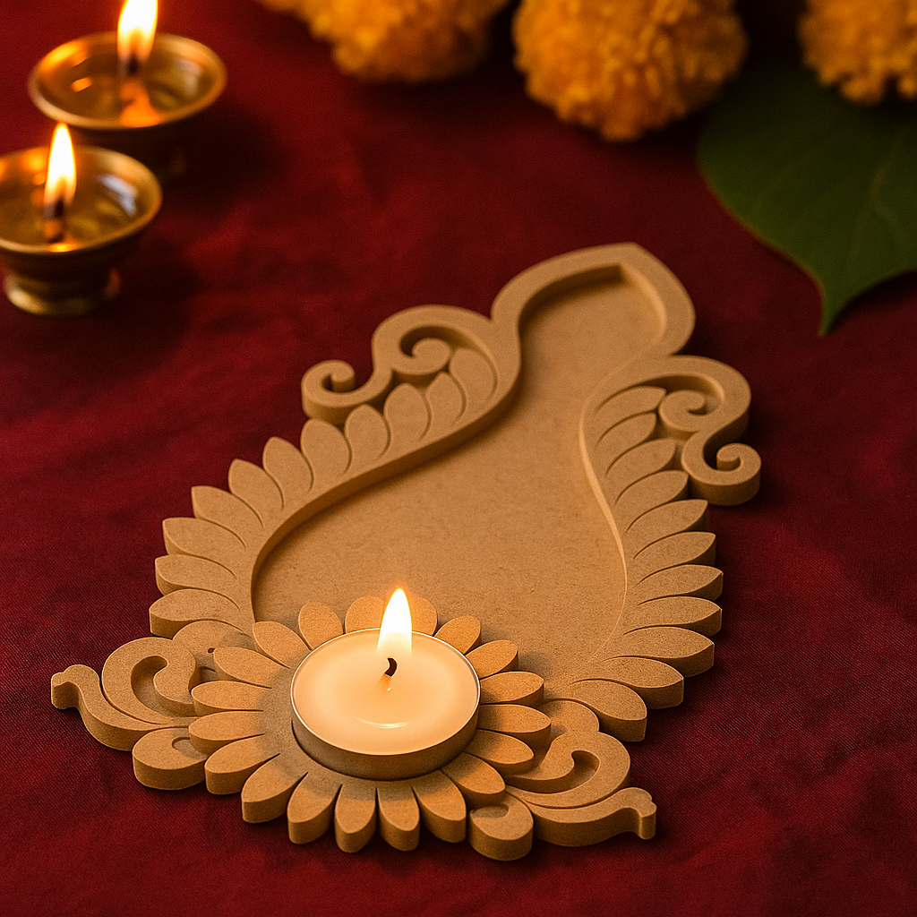 MDF Leaf Pattern T-Light Holder with Candle for Festive Home Décor