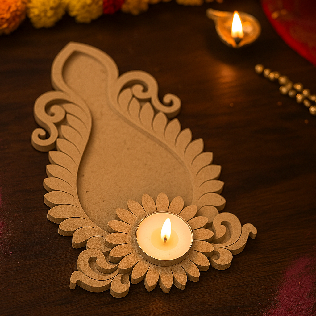 MDF Leaf Pattern T-Light Holder with Candle for Festive Home Décor