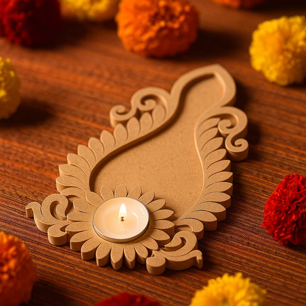 MDF Leaf Pattern T-Light Holder with Candle for Festive Home Décor