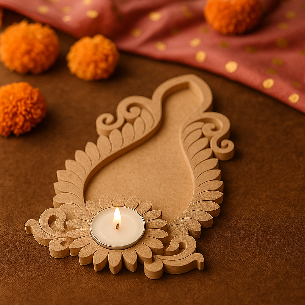 MDF Leaf Pattern T-Light Holder with Candle for Festive Home Décor