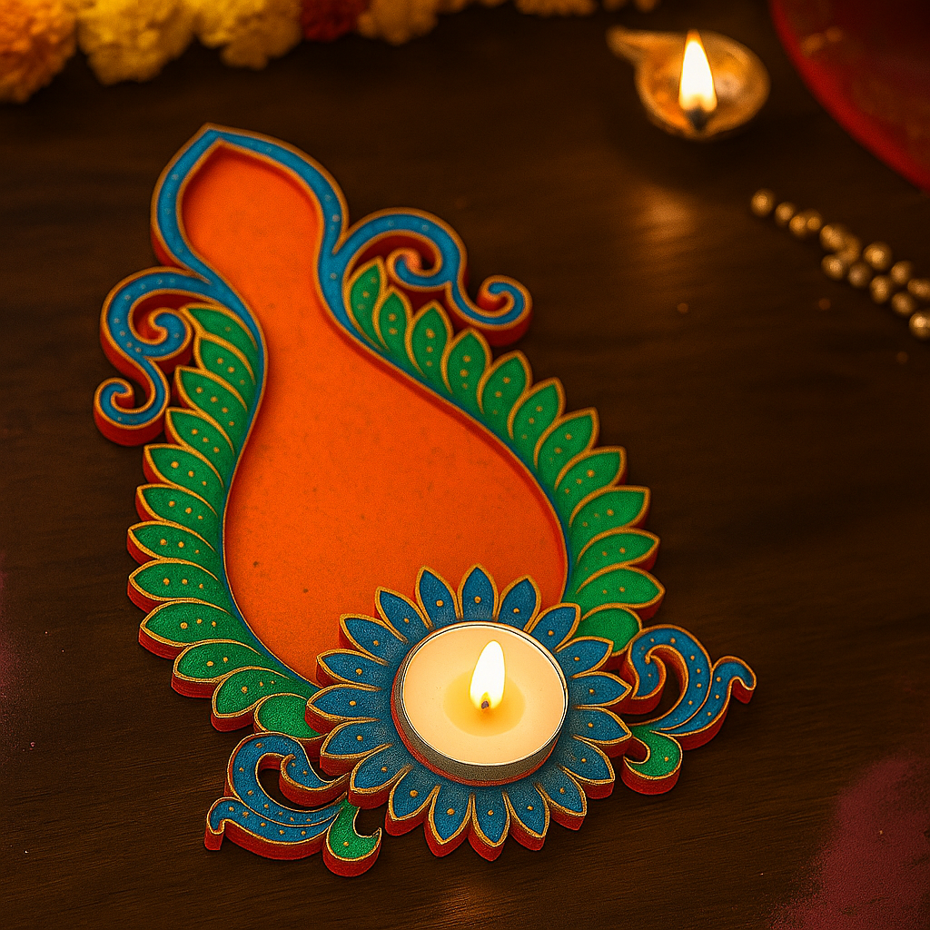 MDF Leaf Pattern T-Light Holder with Candle for Festive Home Décor