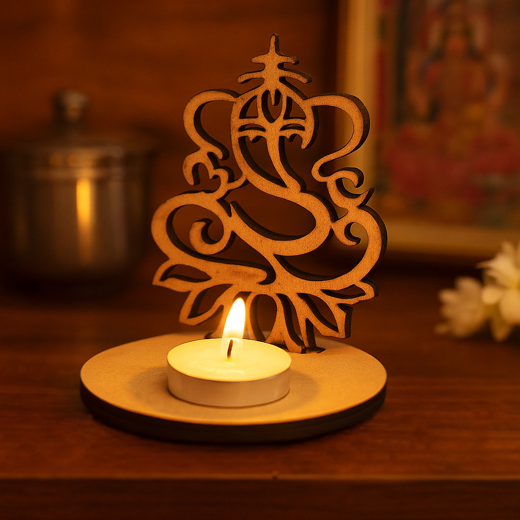 DIY MDF Ganesha figure with a lit candle on a wooden base against a blurred background