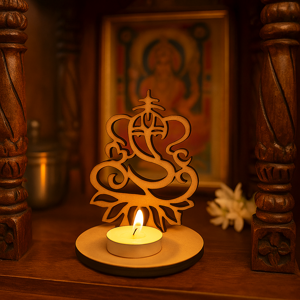 Decorative MDF Ganesha figure on a candle with a blurred background