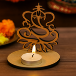Decorative candle holder with a lit candle on a wooden base, featuring an intricate design.