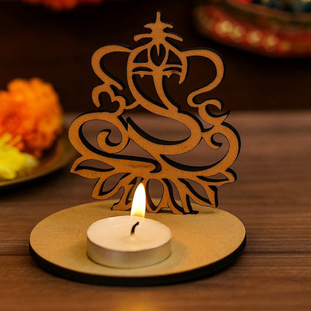 Decorative candle holder with a lit candle on a wooden base, featuring an intricate design.