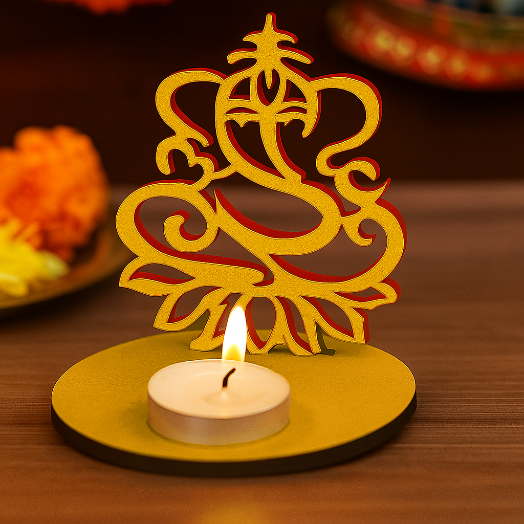 Decorative  MDF Ganesha candle holder with intricate design on a wooden surface