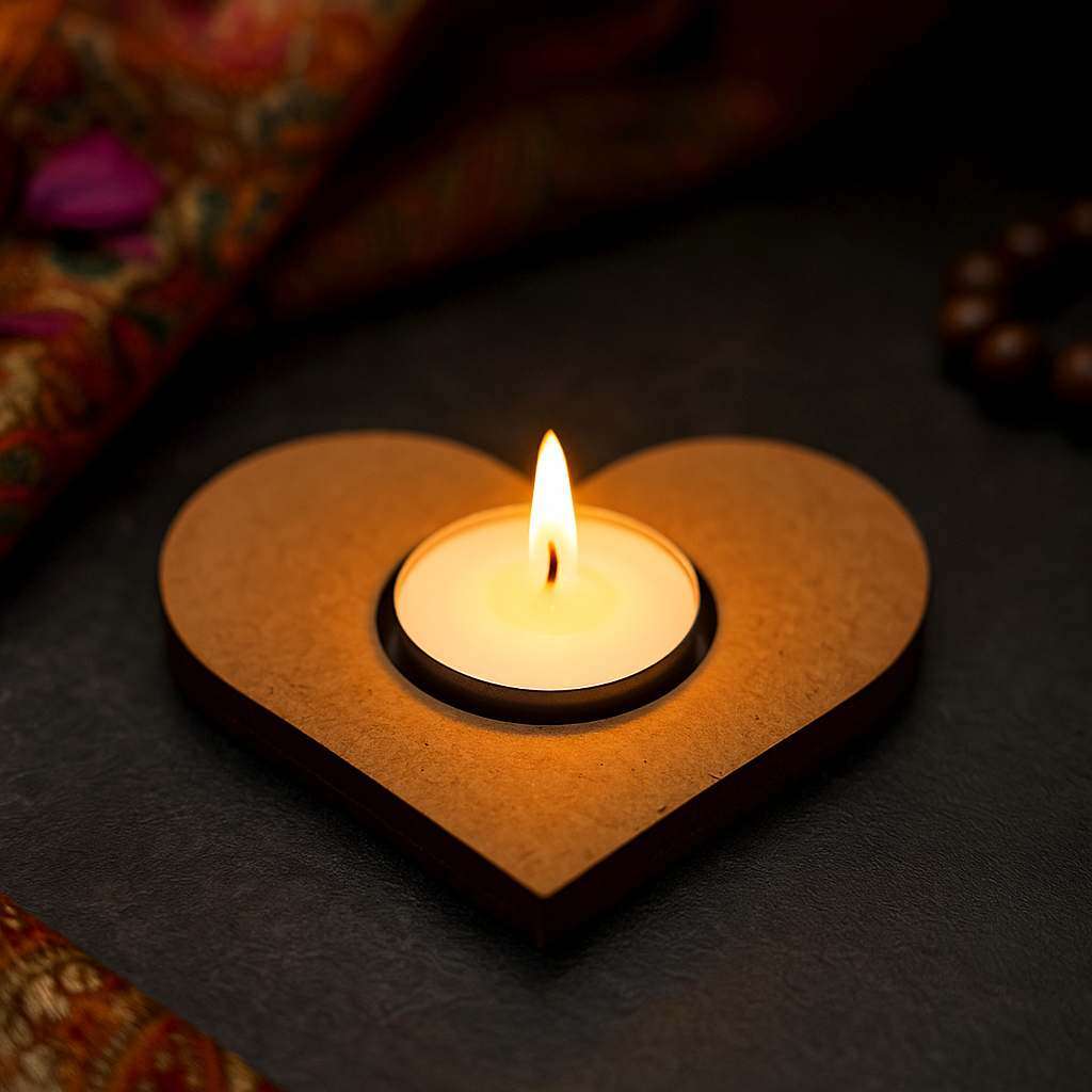 Heart-shaped candle holder with a lit candle on a dark surface with lit mdf tealight candle holder.