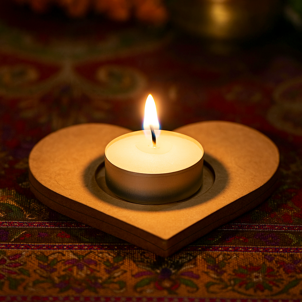 Candle in a heart-shaped holder on a patterned fabric background with mdf tealight candle holder.