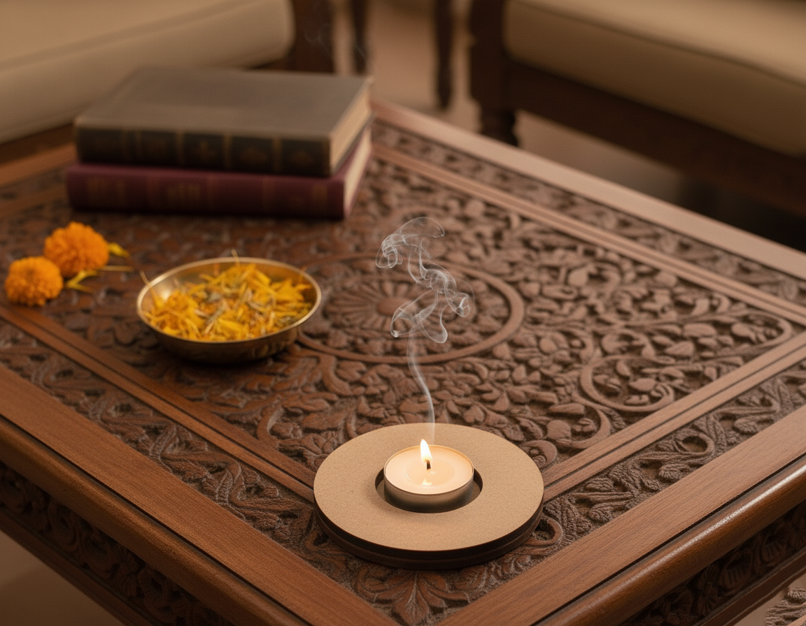 MDF Tealight Candle Holder with smoke on a decorative table