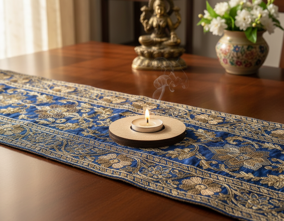 Decorative blue and gold table runner on a wooden table with a mdf tealight candle holder and statue.