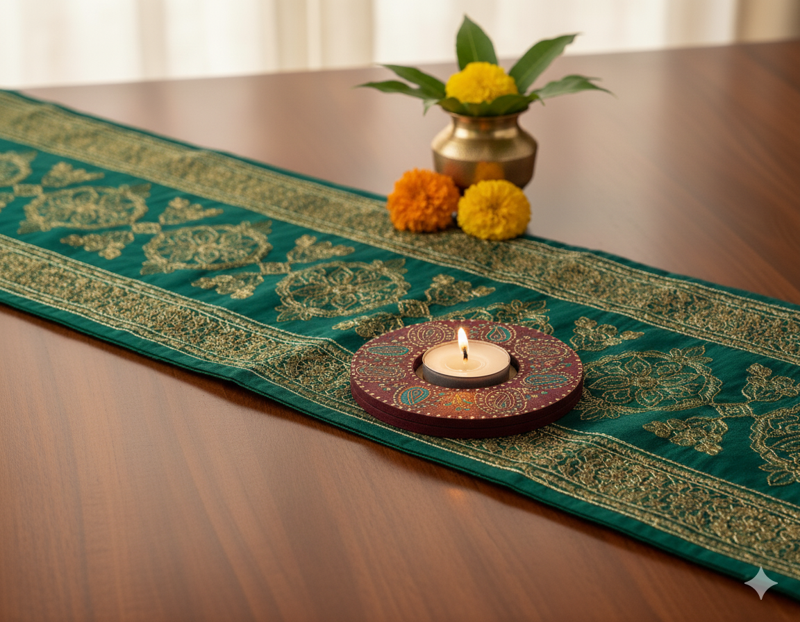 Decorative table runner with a handpainted mdf tealight candle holder and flowers on a wooden table