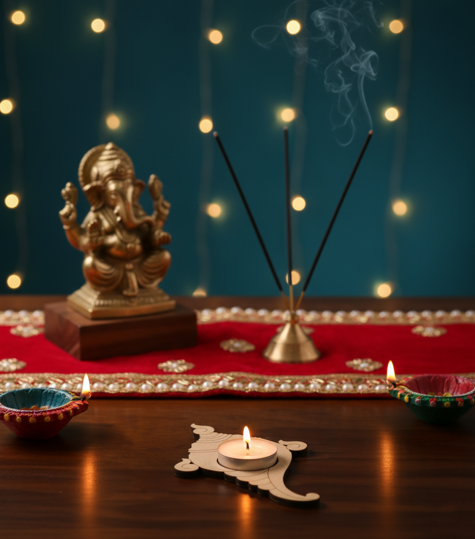 Decorative setup with a statue, candles, and incense sticks on a dark background with lights with diy mdf tealight candle holder.