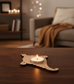 MDF Tealight candle holder with a lit candle on a wooden table in a cozy living room.