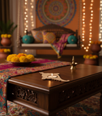 Decorative setting with a wooden table, colorful pillows, and string lights in a warm-toned room with mdf tealight candle holder.