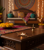 Decorative setting with a wooden table, colorful pillows, and string lights in a warm-toned room with handpainted mdf tealight candle holder.