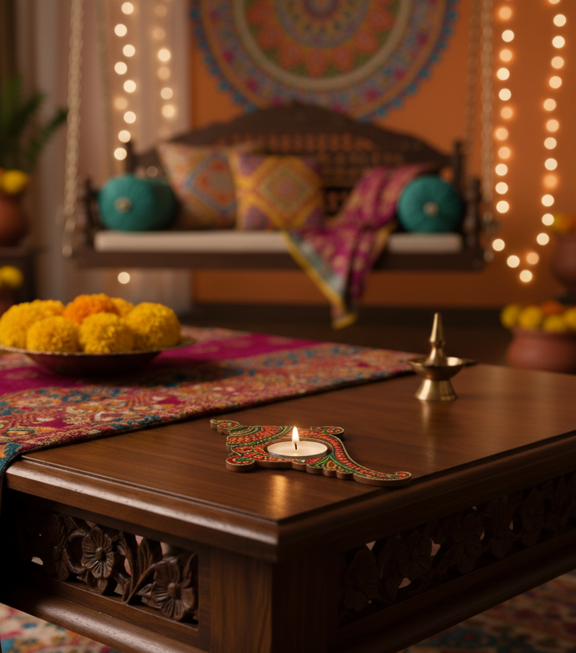 Decorative setting with a wooden table, colorful pillows, and string lights in a warm-toned room with handpainted mdf tealight candle holder.
