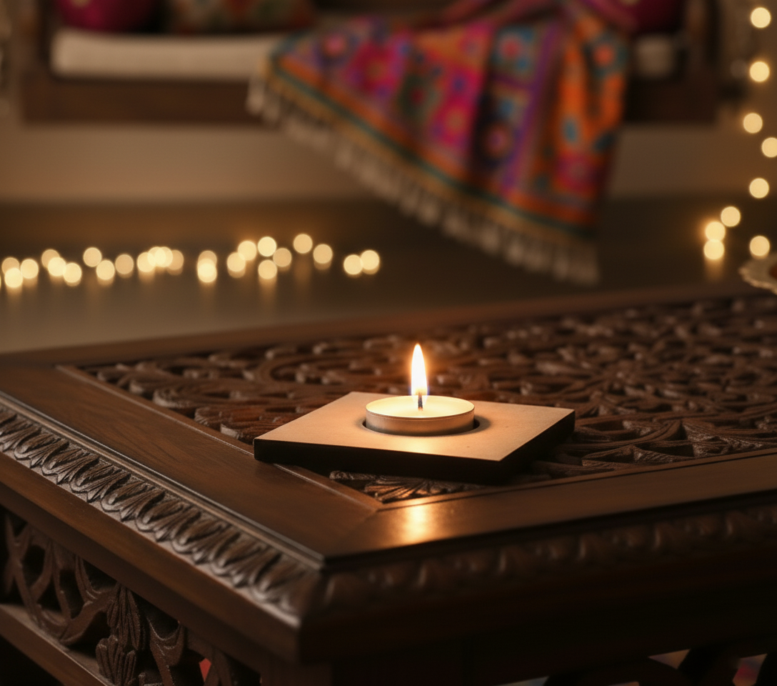 Candle on a decorative wooden table with blurred lights and fabric in the background with mdf tealight candle holder.