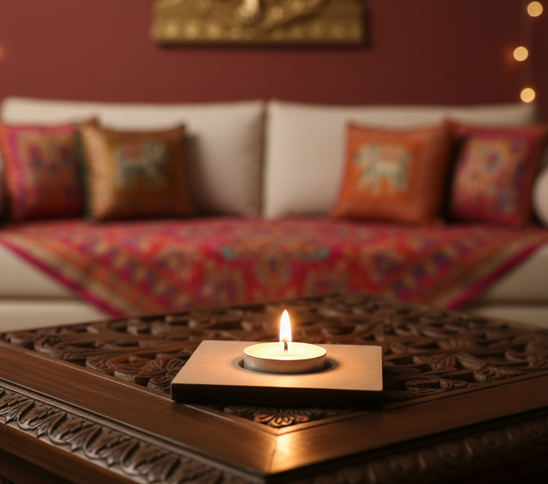 Decorative mdf tealight candle holder on a wooden table with a blurred background of a couch with patterned cushions.