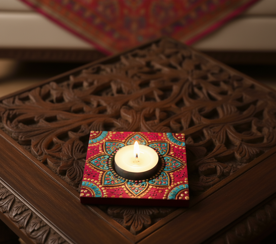 Decorative handpainted mdf tealight candle holder with a lit candle on a wooden surface