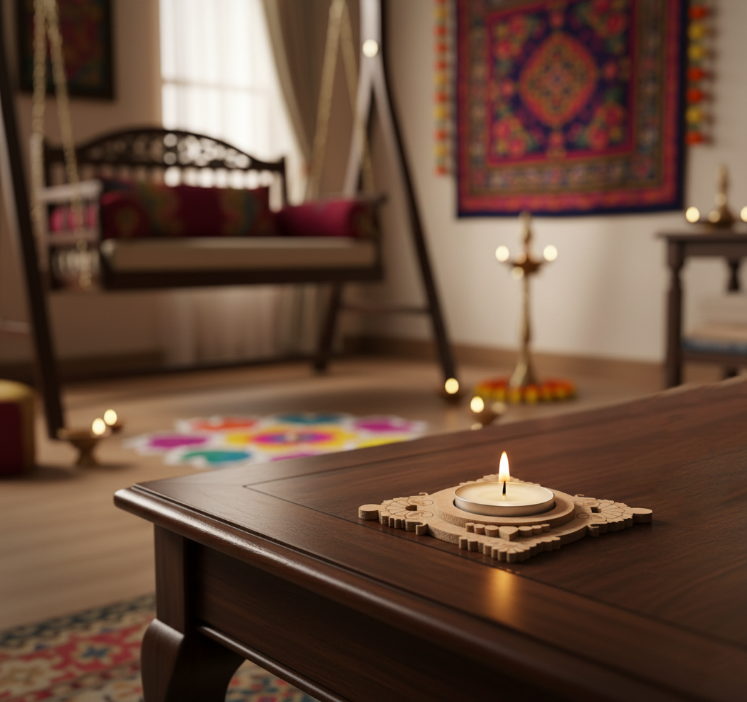 Decorative candle on a wooden table with a blurred room background with lit mdf diy tealight candle holder.