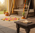 Decorative setup with candles and rangoli on a patio with diy mdf tealight candle holder.