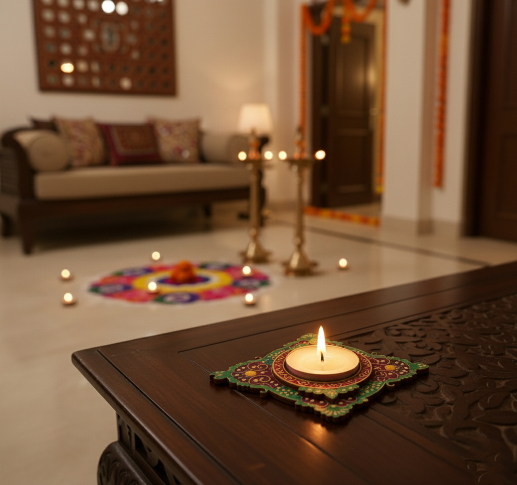 Decorative candle on a table with a blurred living room background with handpainted mdf tealight candle holder.