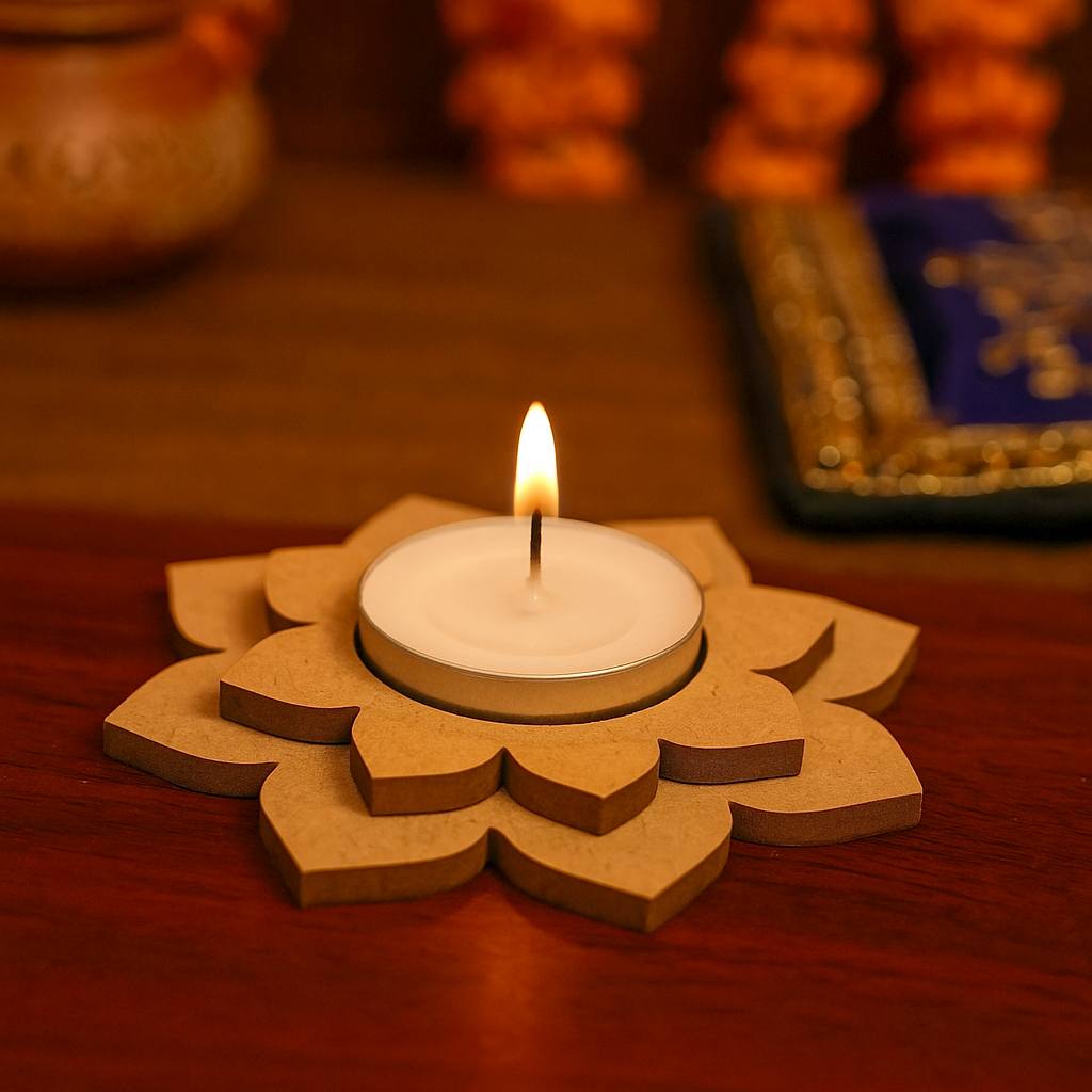 Lit mdf tealight candle holder in a decorative wooden holder on a wooden surface.