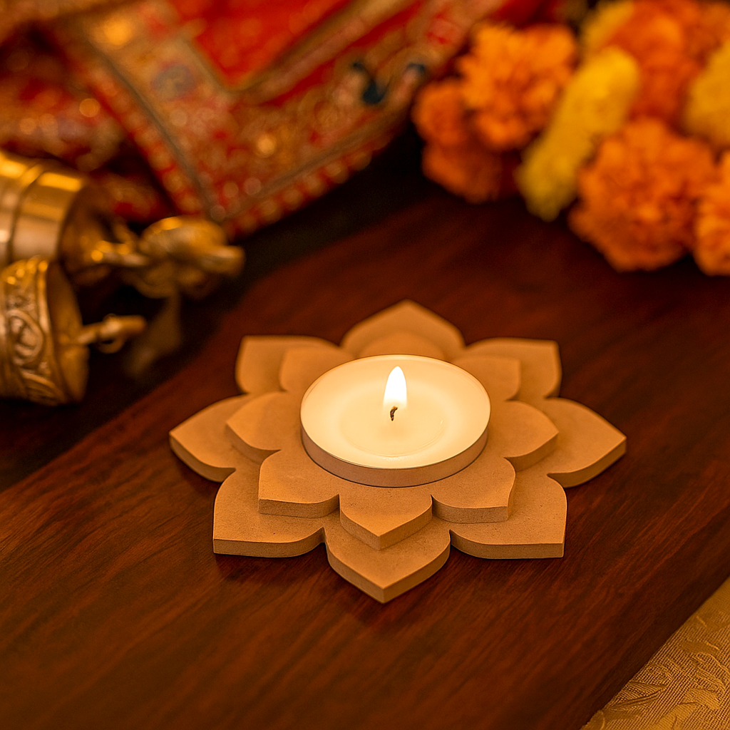 MDF lotus-shaped candle holder with a lit candle on a wooden surface.