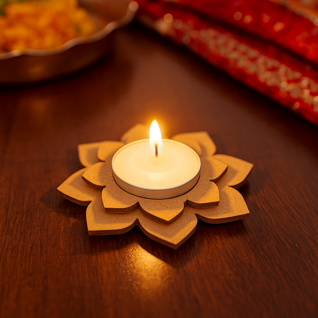 Flameless candle on a wooden lotus-shaped holder on a wooden surface with mdf tealight candle holder.
