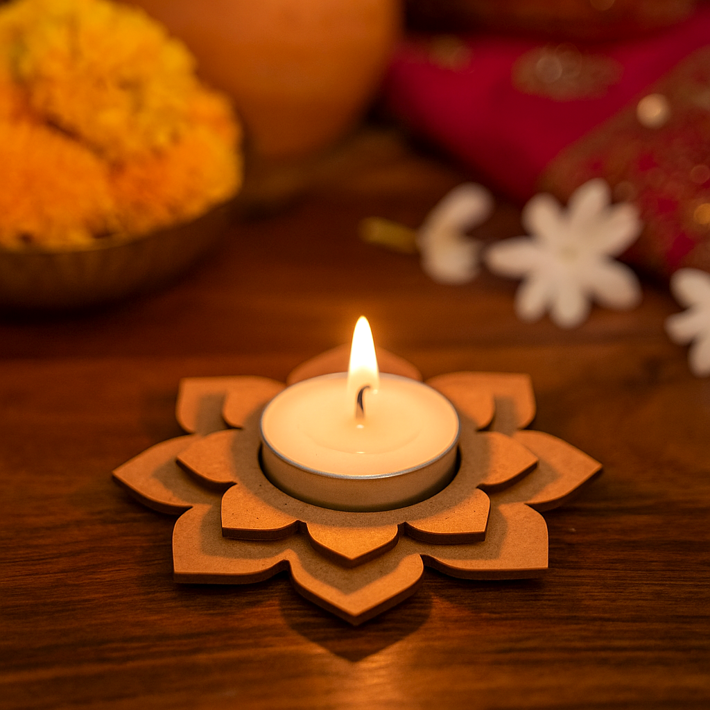 Flameless candle in a decorative wooden holder on a wooden surface with flowers and fabric in the background with mdf tealight candle holder.