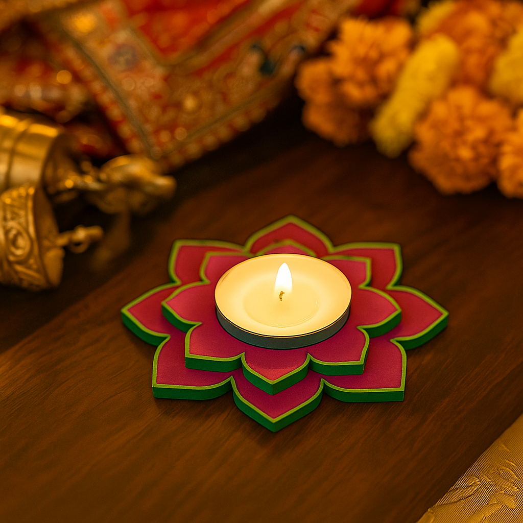 Decorative candle holder shaped like a flower with a handpainted lit tealight candle holder on a wooden surface 
