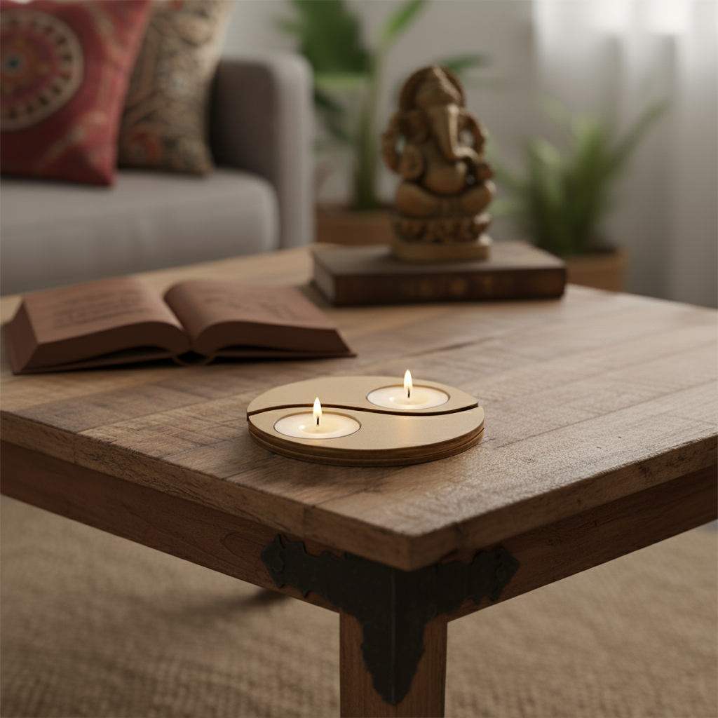 Wooden table with a mdf yin yang candle holder holding two candles, in a cozy living room setting.