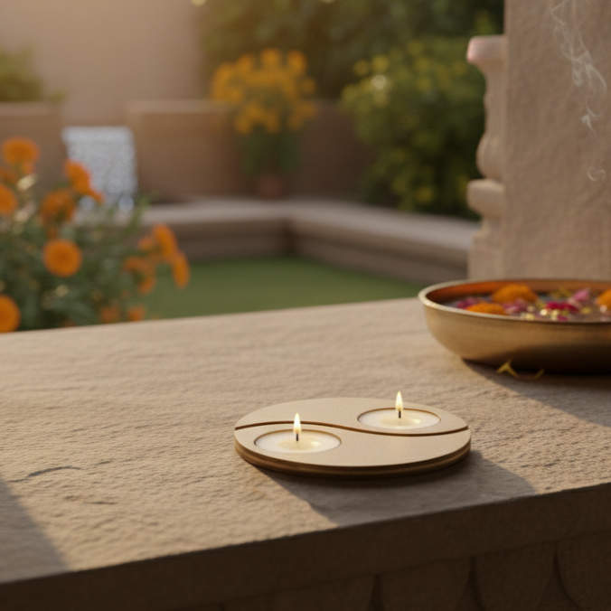 Two lit candles in a mdf tealight candle holder in a decorative holder on a stone surface with a blurred garden background.