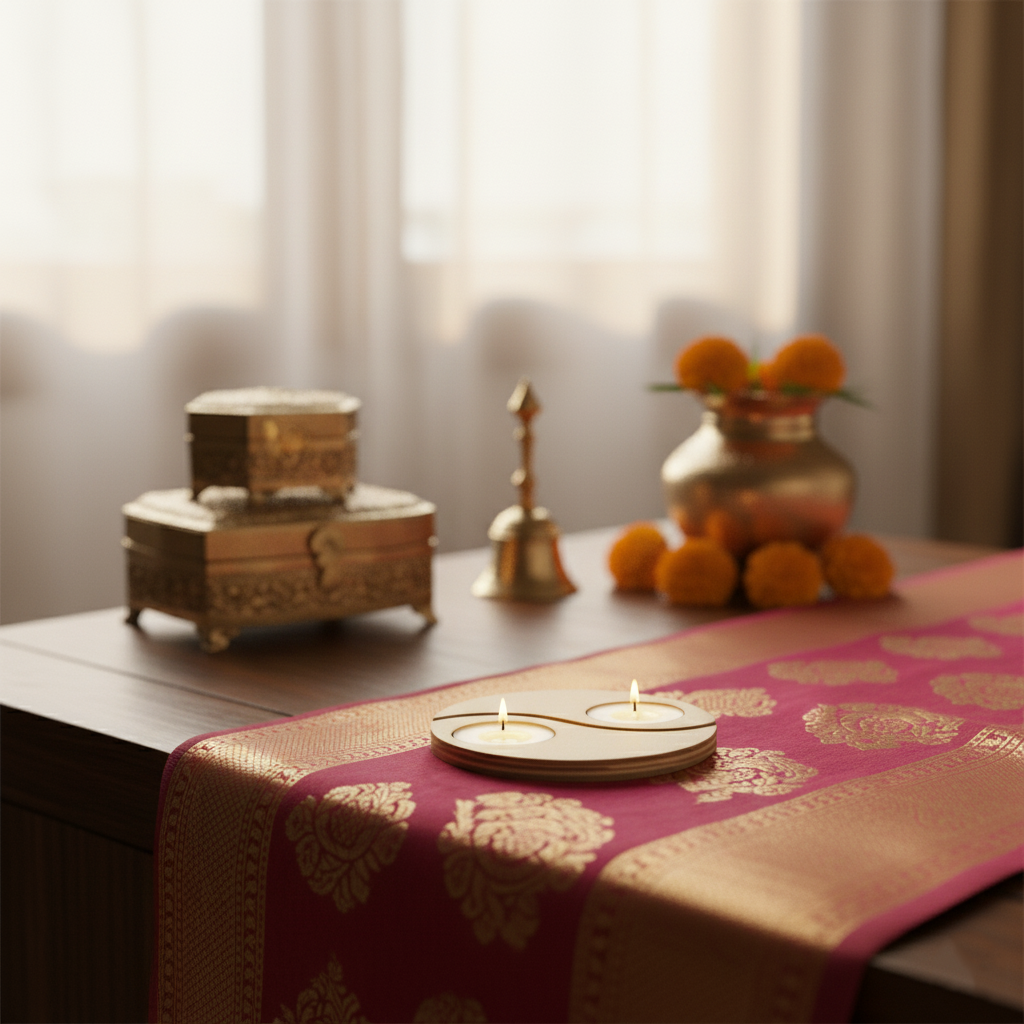 Decorative table setting with candles, decorative items, and a pink and gold tablecloth with mdf tealight candle holder.
