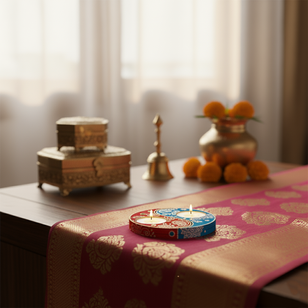 Decorative setting with candles, a bell, and decorative items on a table with handpainted tealight candle holder.