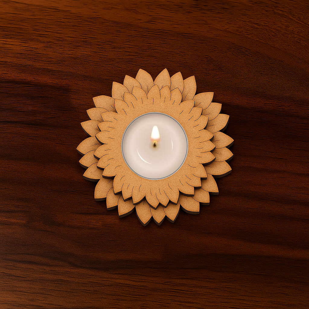 MDF Floral T-Light Candle Holder with layered petal design for DIY craft, festive décor, and home styling with lit tealight candle.